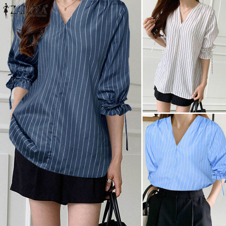 สินค้ามาใหม่-จัดส่งฟรี-fancystyle-zanzea-เสื้อเสื้อพิมพ์ลายคอวีลายทางสไตล์เกาหลีของผู้หญิงเสื้อแขนยาวเสื้อทรงหลวมลำลอง-10