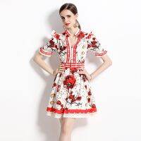 Women New Dress Real Shot  Flower Print  Midi Dress Short Sleeve A- Line DRESS