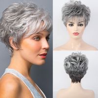 【jw】☞▽  Wig for Synthetic Short with Bangs Mixed Gray Hair Temperature Resistant Use Wigs