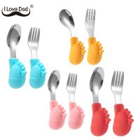 2Pcs/set Cute Cartoon Baby Spoon Fork Set Silicone Baby Feeding Dishes Tableware For Kids Learn To Eat Training Spoon With Box Bowl Fork Spoon Sets