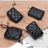 Genuine Leather Card Holder for Women Small Zipper Business Card Holder Wallet Luxury Brand Quilting Design Coin Purse