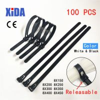 Black Releasable Nylon Cable Ties May Loose Slipknot Tie Reusable Packaging Plastic Zip Tie Wrap Strap 8*150/200/250/300/400/450 Cable Management
