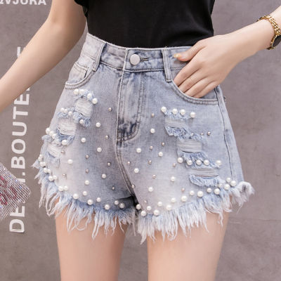 Beaded Denim Shorts For Women 2021 New Summer Women Korean Style High Waist Slimming Holes Rough-edge Wide-leg Shorts