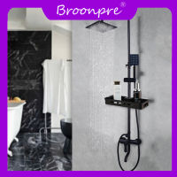 BROONPRE ก๊อกน้ำฝักบัวสายฝนสีดำด้าน,ชุดก๊อกน้ำก๊อกผสมยืนอาบน้ำสีอ่างอาบน้ำสีดำและชุดก็อกน้ำปรับอุณหภูมิได้ชั้นวางของ