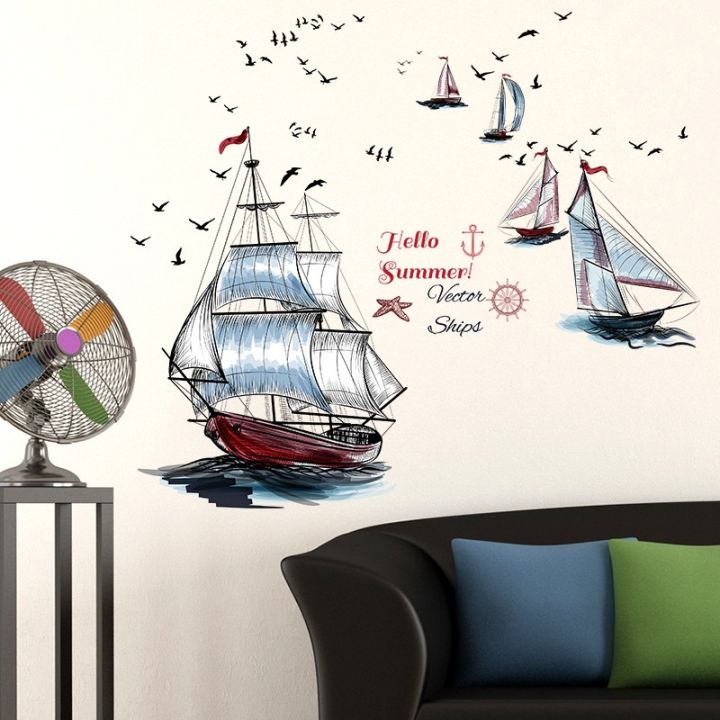 modern-sailboat-ship-seagull-summer-scenery-view-wall-stickers-living-room-garden-bedroom-waterproof-removable-art-decals-mural