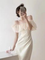 【YF】 Summer Temperament Sexy Ruffled Off Shoulder Apricot Dress Bodycon Slim Robe Femme Evening Party Vintage Elegant Midi Boho