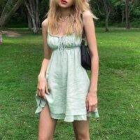 Fashion Drawstring Lace-Up Ruffle Short Dresses Streetwear Backless Strapless Milkmaid Dress Green A-Line