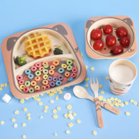 Natural Bamboo Children tableware Set Baby Feeding Bowl Kids Cute Cartoon Bowl For Children Spoon Fork Cup Set Dishes Plates