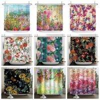 Oil Painting Blooming Flowers Shower Curtain For Bathroom Decor Bathtub Accessories For Women Girls Turquoise Sets With Hooks