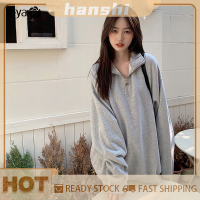 hanshi [2023 new HOT FASHION] lazlook เสื้อสเวตเชิ้ตแขนยาวมีปกมีซิปสำหรับผู้หญิงเสื้อสเวตเชิ้ตทรงหลวมลำลองแนวสตรีทฤดูใบไม้ร่วง