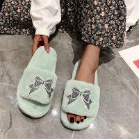 HOT★New Women Fur Slippers Rhinestone Bowknot Flat Sandals Female Open-Toe Shoes Y2k Fashion Casual Plush Plus Size Cotton Slippers