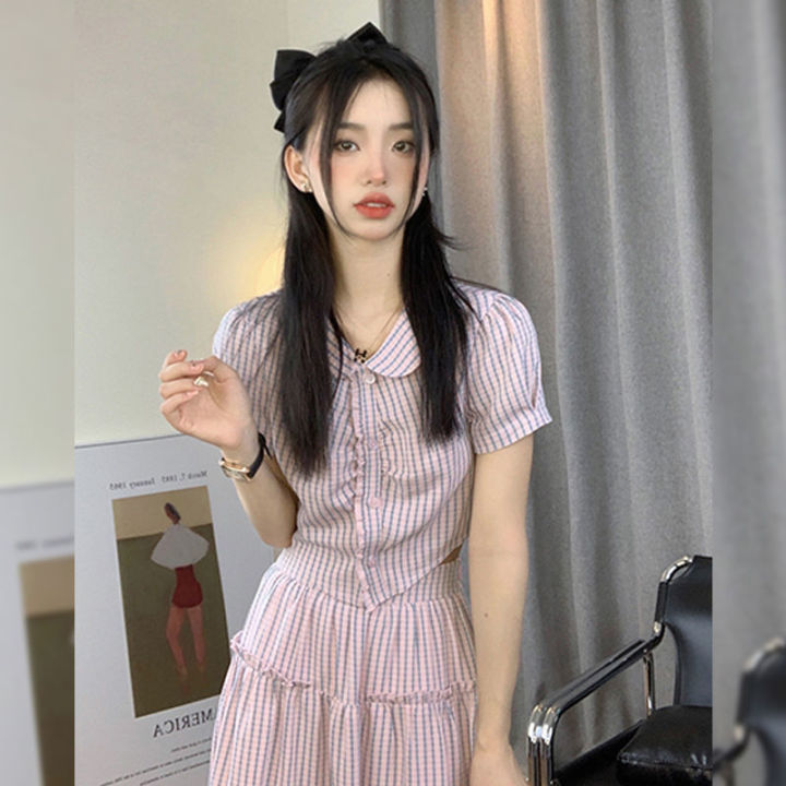 2ชิ้น-coconie-striped-suit-women-new-korean-style-lapel-short-top-waist-easy-matched-long-dress-two-piece-set-baju-perempuan