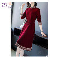 27เด็กผู้หญิงแขนยาวชุดฤดูหนาว Warm Fleece Lined Mid-Length Dress Elegant Lace-Up Slimming Pullover Dress