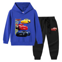 กางเกงเสื้อฮู้ดการ์ตูน Lightning McQueen ชุดเด็กชายเด็กหญิง2023ชุดผ้าฝ้ายแขนยาวฤดูใบไม้ผลิฤดูใบไม้ร่วงเสื้อสเวตเชิ้ตมีฮู้ดสำหรับเด็ก + กางเกงกีฬา0000 2ชิ้น