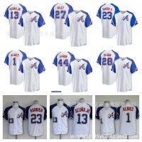 ♤▥✾ Braves baseball uniform Warriors jersey 5 7 13 white color blue strip city version cardigan embroidery short-sleeved T-shirt