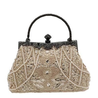 Boutique De FGG Vintage Chinese Style Champagne Women Beaded Evening Purses Wedding Handbags Ladies Cocktail Party Clutch Bags