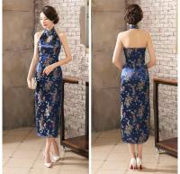 【CW】 Navy Blue Mandarin Collar Women Chinese Dress Backless Long Satin Qipao Vintage Button Sexy Cheongsam Novelty Stage Show Clothes