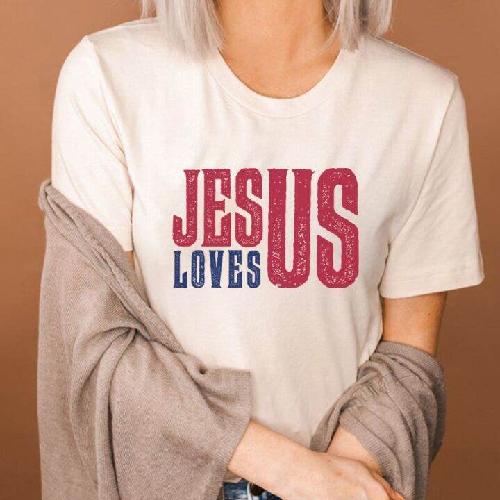 เสื้อแฟชั่นคอกลมแขนลำลองขาสั้นพิมพ์ลาย-jesus-love-us-christian-เสื้อยืด-pray-faith