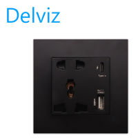 Delviz EU standard Type-c charging socket, wall mounted power node USB socket, 5-hole 5V3100mA fast charging 1A/1C socket. Black socket.