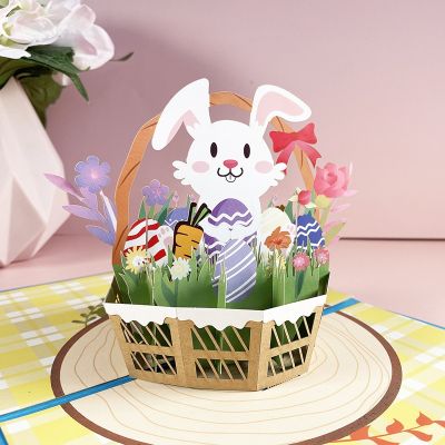 1Pc Happy Easter Bunny Rabbit and Egg Greeting Card 3D Paper Cutting Thank You Invitation Cards With Envelope