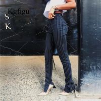 KGFIGU Office Lady Pants For Women High Waist Striped Trousers Thick Material Side Split Skinny Long Bottom Stretchy Sweatpants