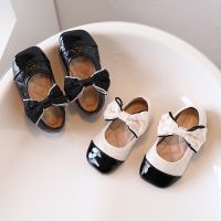 Princess Shoes for Little Girls Ribbon Bowknot Chic Children Mary Janes Black Beige Square Toe Elegant 21-30 Autumn Kids Flats