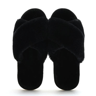 2021 Women Cross Band Slippers Soft Plush Furry Cozy Open Toe House Shoes Indoor Outdoor Faux Fur Warm Flip Flops Simple Slides
