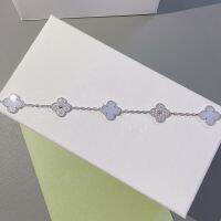 Elegant 5 Motifs Lucky Purple Chalcedony &amp; Shiny Diamonds Four Leaf Clovers Vintage Flower Link Bracelet 18K Platinum White Gold Plated On 925 Silver Not Fade Not Rust