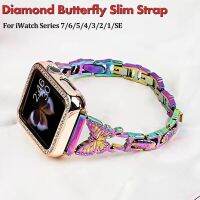 [HOT JUXLLKBKOW 514] โลหะ Bling Band สำหรับ Apple Watch 44 40 38 42มม. 41 45ผู้หญิงสร้อยข้อมือสแตนเลสเพชรผีเสื้อสำหรับ IWatch Series 7 6 543