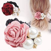 Women Girl Satin Ribbon Rose Flower Pearls Hairband Ponytail Holder Hair Band