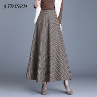 Vintage Plaid Woolen Skirts Women Winter High Waist Warm A-Line Pleated Skirt Fashion Office Elegant Maxi Skirt Femme Saia Longa