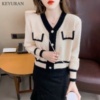 New 2021 Autumn Women Knitted Cardigan Sweater V-Neck Patchwork Color Cardigans Sweater Jacket Pocket Korean Knitwear Coat Women