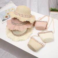 Boho Little Girls Straw Hat with Matching Bag Set Pearls Lacework Embellishment Panama Summer Wide Brim Beach Caps Sunhat Kids