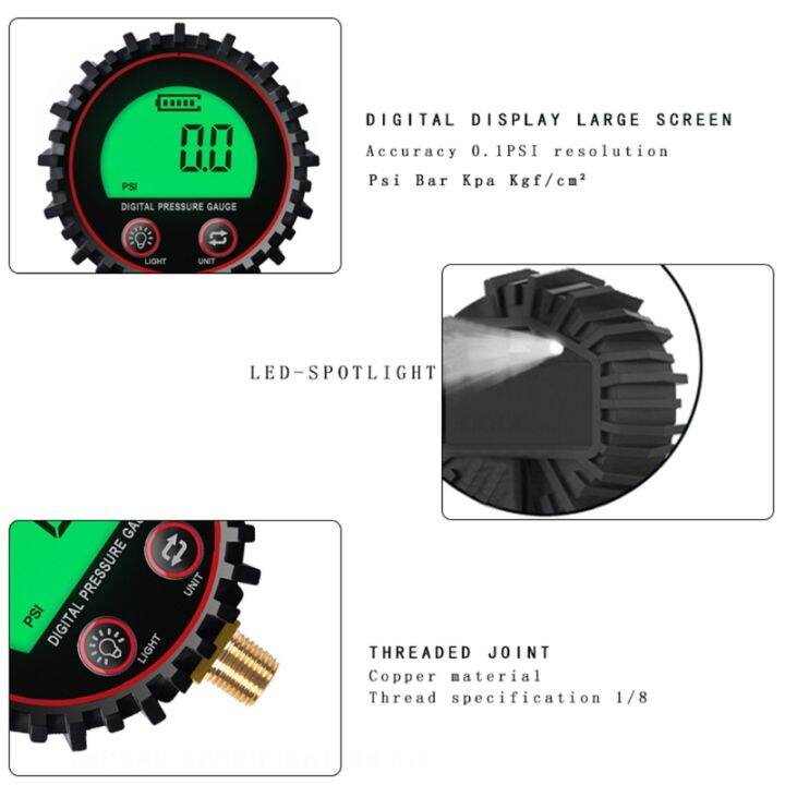 เครื่องวัดความดันอากาศแบบดิจิตอลขนาดหน้าปัดสำหรับ-w-1-8-npt-ขั้วต่อด้านล่างและบูตป้องกันความแม่นยำของ0-255psi-แบตเตอรี่1