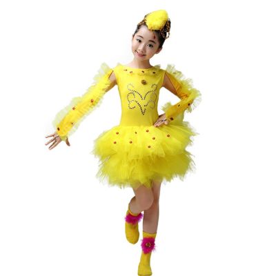 ชุดเดรสเจ้าหญิงสีเหลืองสำหรับผู้หญิง 2 ชิ้น ชุดบัลเล่ต์การแสดงบนเวทีไก่