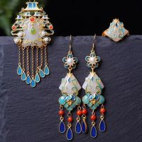 【CW】 Chinese Ethnic Tassel Retro Gold Plated Blue Lotus Imitation Hotan Jade Earrings Female