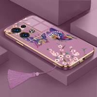 เคสสำหรับ OPPO Reno 8 Pro 5G เคสโทรศัพท์ลายผีเสื้อสุดหรูพร้อมกล้องรูปดอกไม้เคสซิลิโคนแบบนิ่มขอบชุบฟรีสายคล้อง