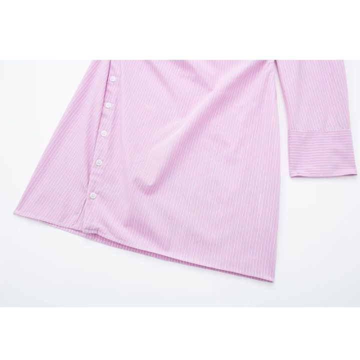 ชุดเดรสสีชมพูลายขวางสำหรับผู้หญิงชุดเดรสชุดมินิเดรสเปิดไหล่ชุดกระโปรงสั้นแขนยาวฤดูร้อน