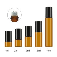 5Pc 1-10ml Amber Glass Roll On Bottle Empty Vials with Stainless Steel Metal Roller Ball for Essential Oils Perfume Aromatherapy