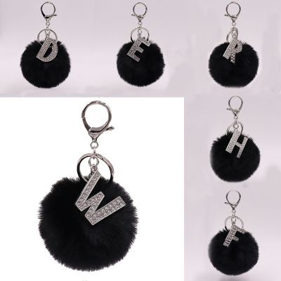 【YF】 New A-Z 26 English Letter Plush Zircon Keychain Car Key Ring Accessories Rabbit Fur Bag Clip for Girls Chain Jewelry