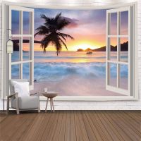 Imitate window landscape tapestry Wall hanging tropical tree tapestry Art home decoration Dormitory wall tapestry