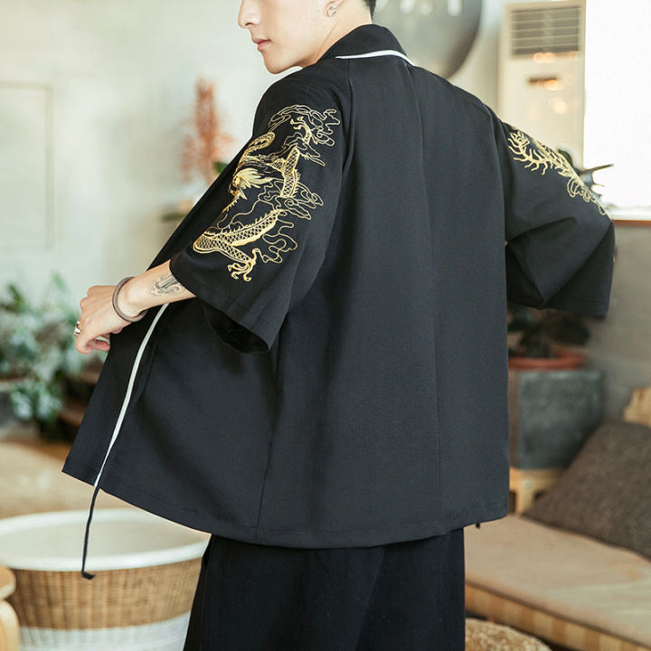 มังกรวินเทจโค้ทเสื้อคาร์ดิแกน-kimono-ฟินิกซ์ซัลแมน-jepun-samurai-pakaian-lelaki-yukata-haori-obi-ฤดูร้อนเสื้อชายหาด