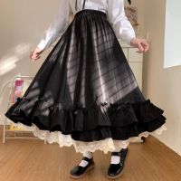 Vintage Black Pleated Skirts Women Ball Gown A-Line Long Midi Skirt Ruffles Hepburn Gothic Lolita Japanese Double Layer