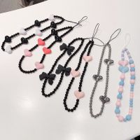 Phone Strap Sweet Heart Black Beaded Silver Bead Thick Chain Bowknot Cellphone Bluetooth Earphone Lanyard Keychain Chain Pendant Phone Charms