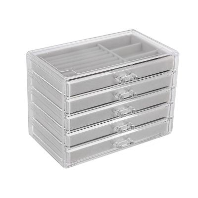 Jewelry Organizer with 5 Drawers Clear Acrylic Jewelry Box Gift Stackable Velvet Earring Display Holder