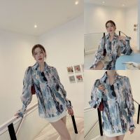 SLYQ WATERCOLOR RUFFLE SLEEVE SHIRT เสื้อเชิ้ตชีฟองพิมพ์ลายสีน้ำ แขนพองยาวผ้าโปร่ง กระดุมทอง