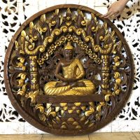 90 ซม. แผ่นไม้สัก แกะสลัก แกะสลัก ลายพระพุทธรูป วงล้อธรรมจักร ปัดทอง พระพุทธรูปไม้แกะสลัก ไม้สักแกะสลักแต่งบ้าน ไม้สักฉลุ Teak Wood Carved Buddha