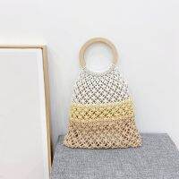 Fashion Bohemian Womens Wooden Handle Handbag Straw Leisure Woven