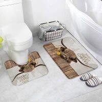 〖Cozyroom shop〗 Funny Highland Cattle Bath Mat Set Brown Dutch Cow Rustic Wood Board Farm Animal Carpet Bathroom Decor Non Slip Rug U Shape Pad