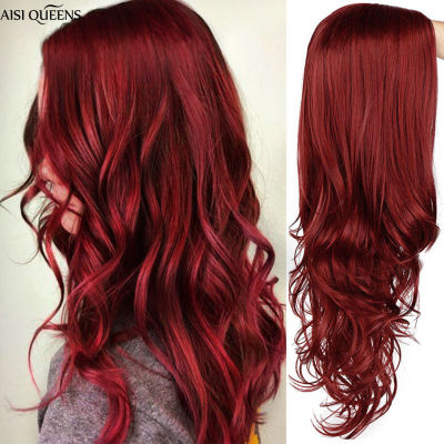 AISI QUEENS Long Wavy Synthetic Wig Red Wig for Women Cosplay Black Pink Wigs Partial Division Natural High Temperature Fiber